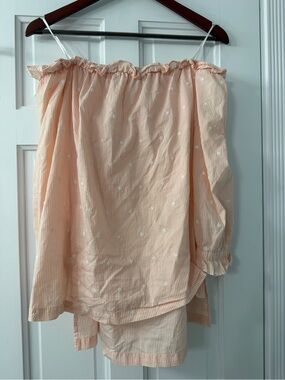 Elle Peach Striped Off-Shoulder Blouse with White Embroidery